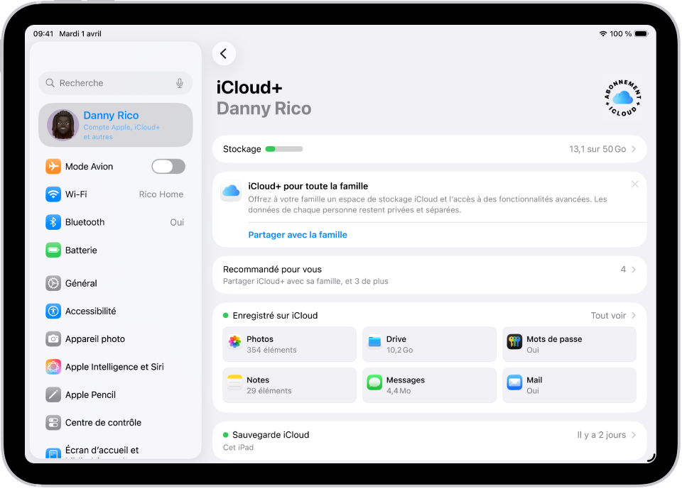L’écran des réglages iCloud montrant l’indicateur d’espace de stockage d’iCloud et une liste d’apps et de fonctionnalités pouvant être utilisées avec iCloud, notamment Photos, iCloud Drive et Mail iCloud.