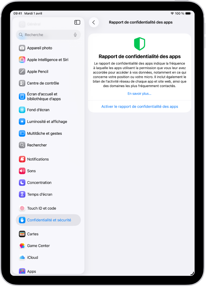 L’écran « Rapport de confidentialité des apps » sur lequel l’utilisateur peut activer un rapport indiquant la fréquence à laquelle les apps utilisent les autorisations qui leur ont été accordées, ainsi que leur activité réseau.