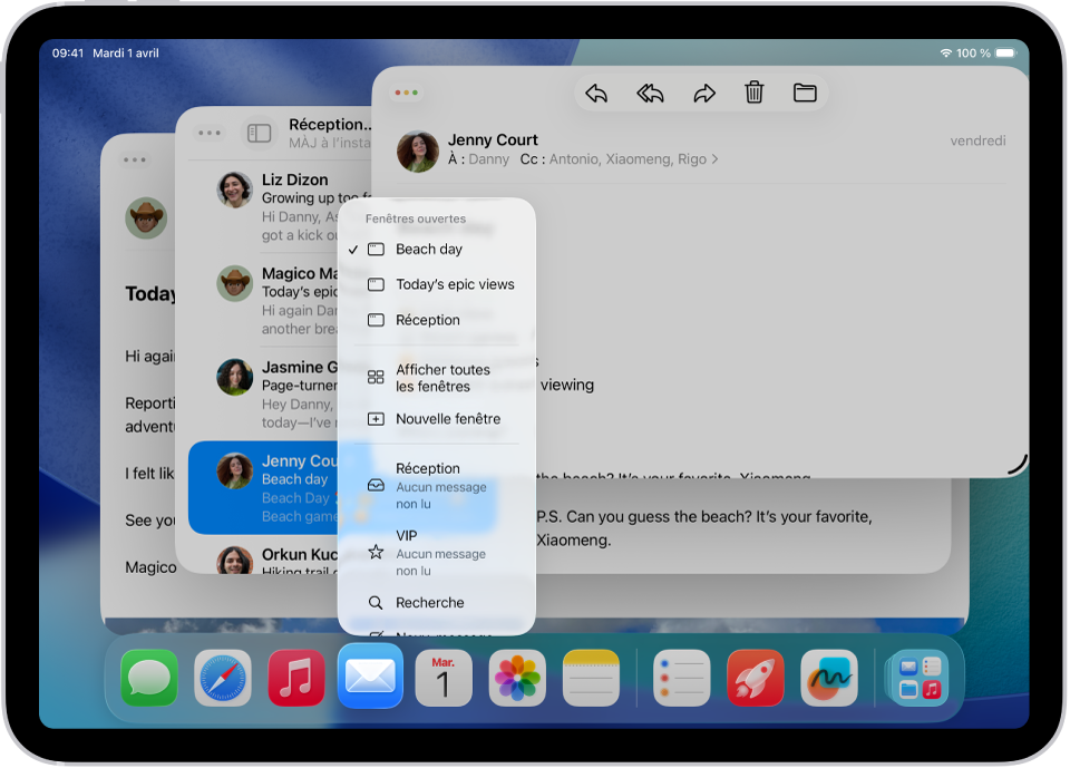 Un écran d’iPad avec des fenêtres ouvertes pour l’app Mail et affichant le menu de l’app dans l’une des fenêtres.