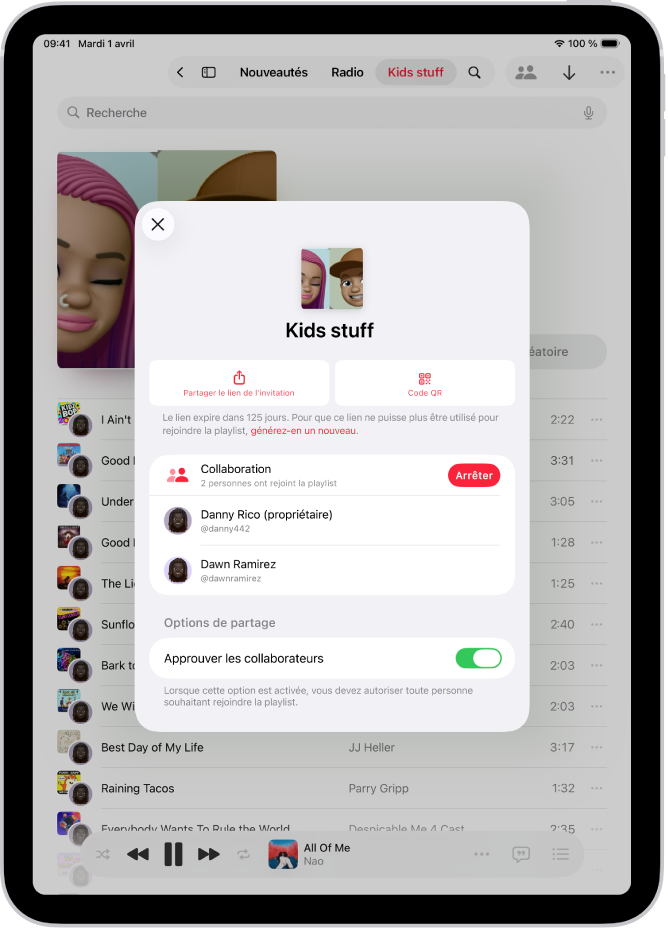 L’écran « Gérer la collaboration » de l’app Musique.