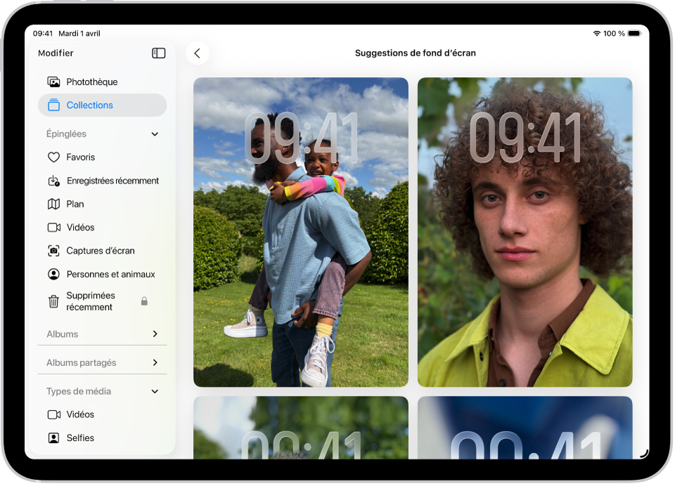 Des suggestions de fond d’écran sont ouvertes dans l’app Photos. Des combinaisons de photos générées automatiquement, des effets de filtre et des polices pour l’heure sont affichés sous forme de suggestions.