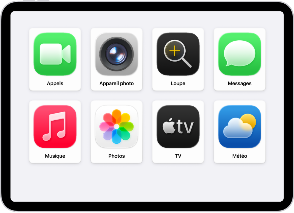 Un iPad affichant l’écran d’accueil d’« Accès d’aide », avec une grille d’apps de grande taille.