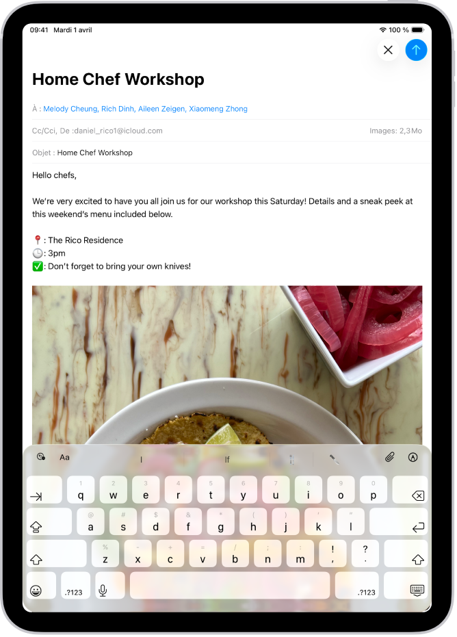 Un brouillon d’e-mail est ouvert dans l’app Mail. Le bouton permettant d’envoyer le message se trouve dans le coin supérieur droit. Touchez pour envoyer le message ou maintenez le doigt pour programmer l’envoi à une date ultérieure.
