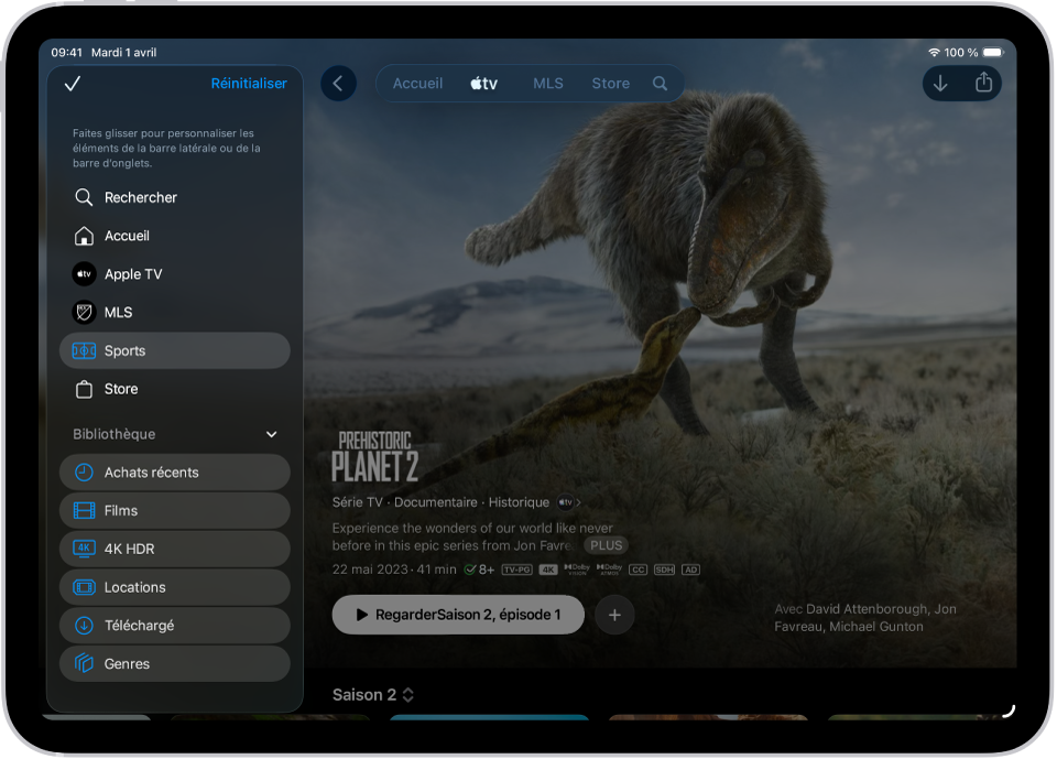Un iPad avec des options de personnalisation de la barre d’onglets en haut de l’écran.