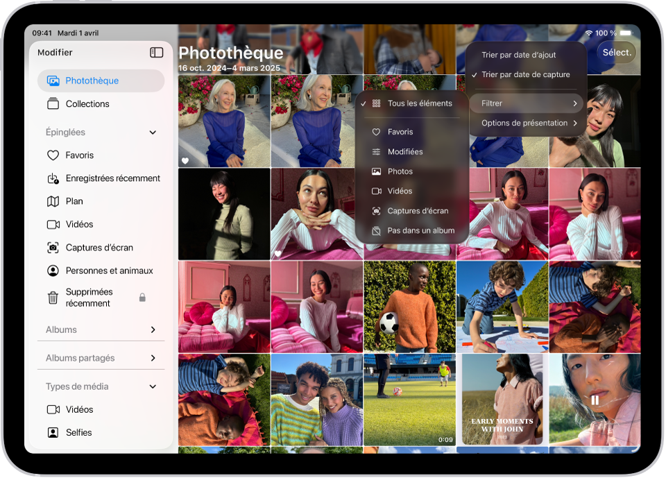 L’app Photos est ouverte et l’onglet Photothèque est sélectionné dans la barre latérale. Le bouton « Trier et filtrer » est sélectionné en haut de l’écran. Il affiche les options de tri et de filtre pour le contenu de la photothèque affiché.
