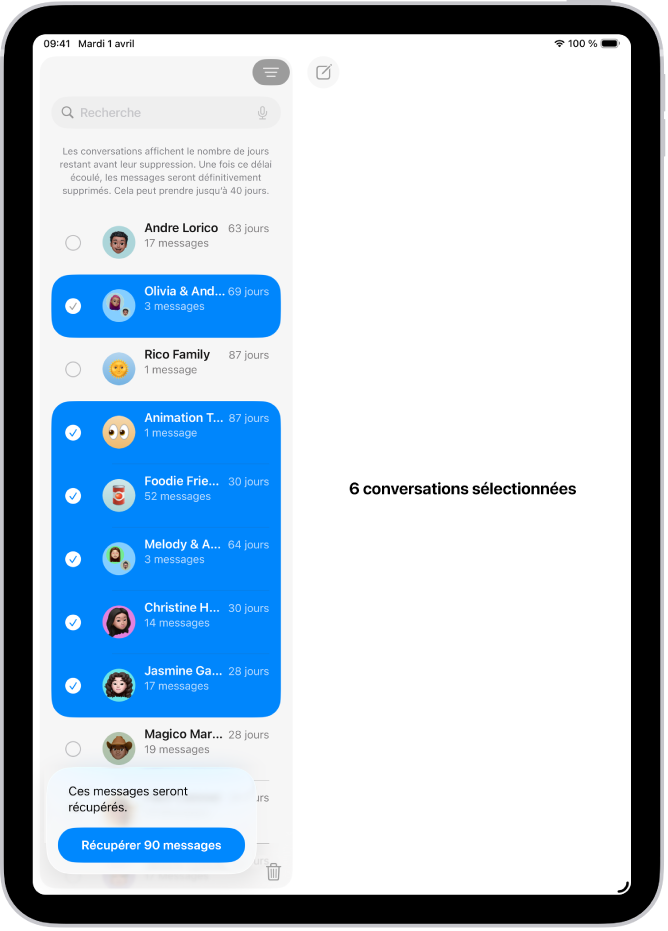 Récupération de plusieurs messages supprimés récemment.