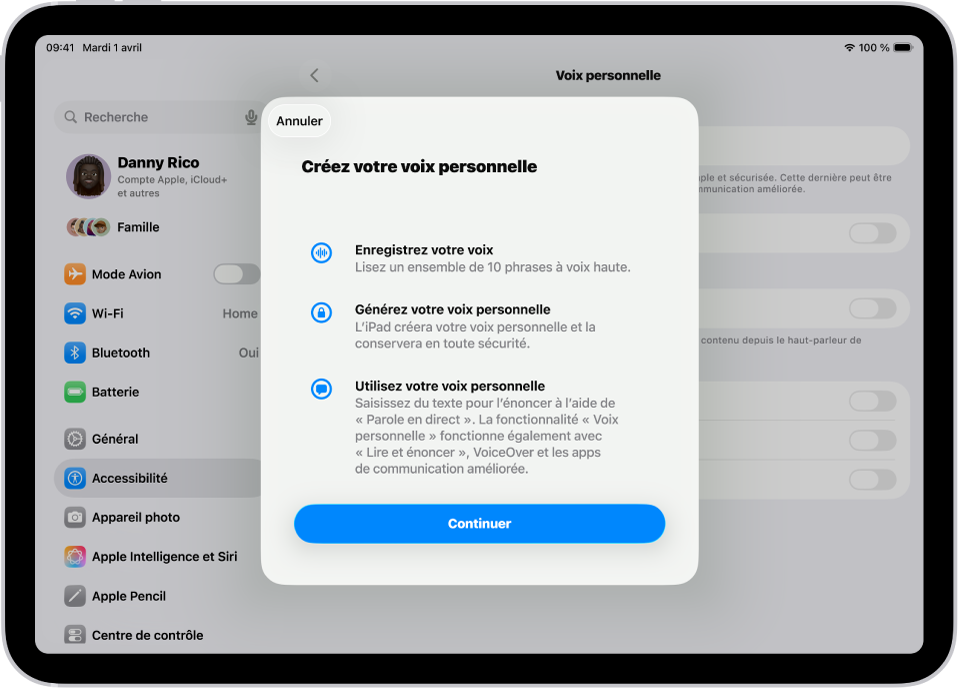 Un iPad avec des informations sur la façon de créer une voix personnelle.