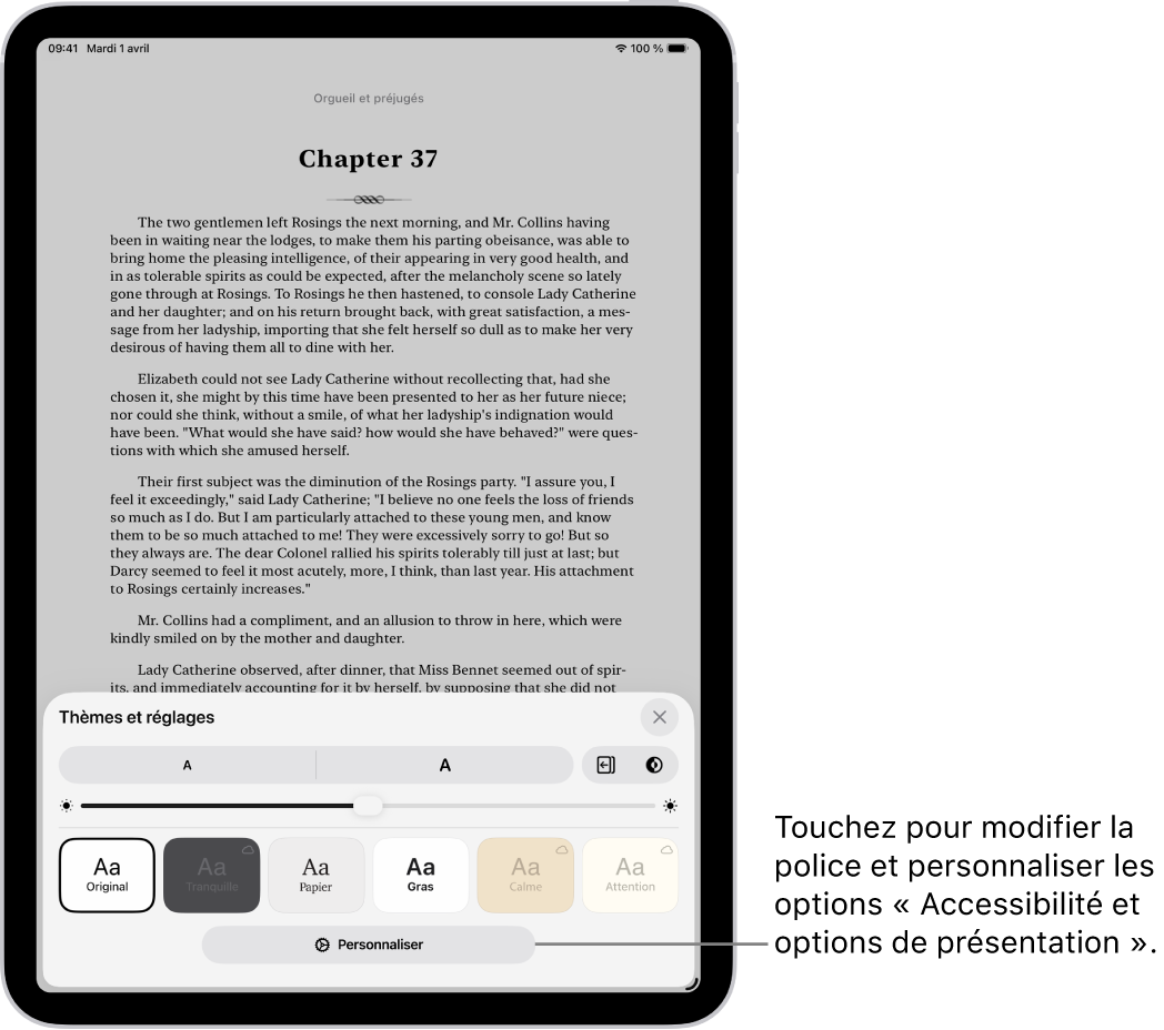 Une page d’un livre dans l’app Livres. Les options Thèmes et réglages affichant des commandes pour la taille de la police, la disposition du défilement, le style de défilement des pages, la luminosité et les styles de police.