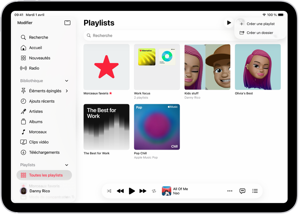 L’onglet Playlists avec la barre latérale sur la gauche et la liste des playlists sur la droite. En haut se trouvent des boutons permettant de créer une playlist ou de créer un dossier.