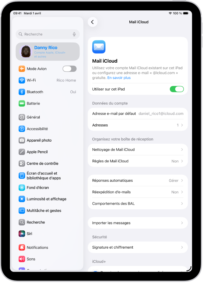 L’app Réglages ouverte sur l’écran « Mail iCloud ». L’option « Domaine de messagerie personnalisé » apparaît en bas du menu.
