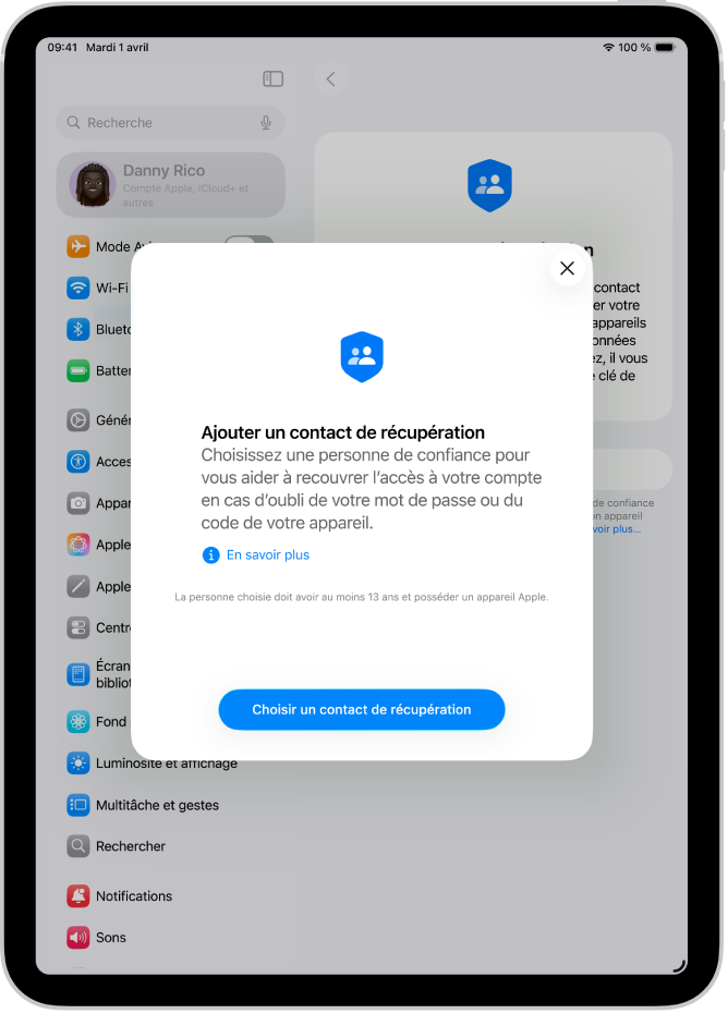 L’écran « Contact de récupération » avec des informations sur la fonctionnalité. Le bouton « Ajouter un contact » se trouve en bas de l’écran