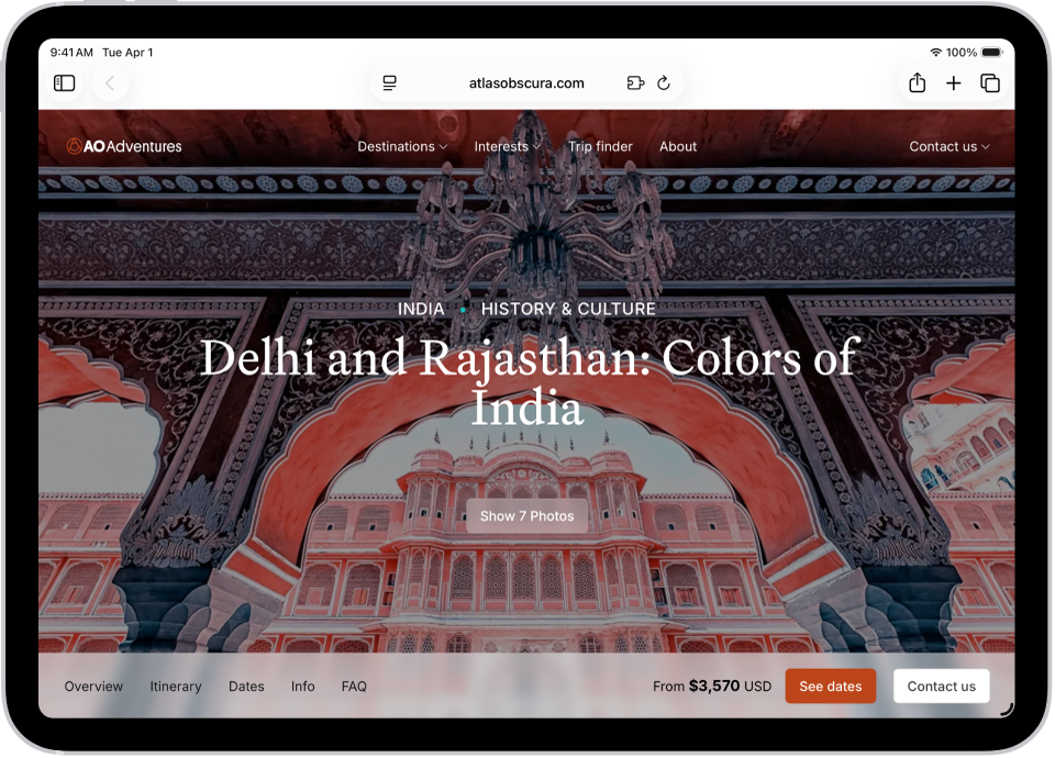 Egy megnyitott weboldal. A képernyő tetején balról jobbra haladva a következők találhatók: az Oldalsáv gomb, az Előző gomb, a keresőmező, a Megosztás gomb, az Új lap gomb és a Lapáttekintés gomb.