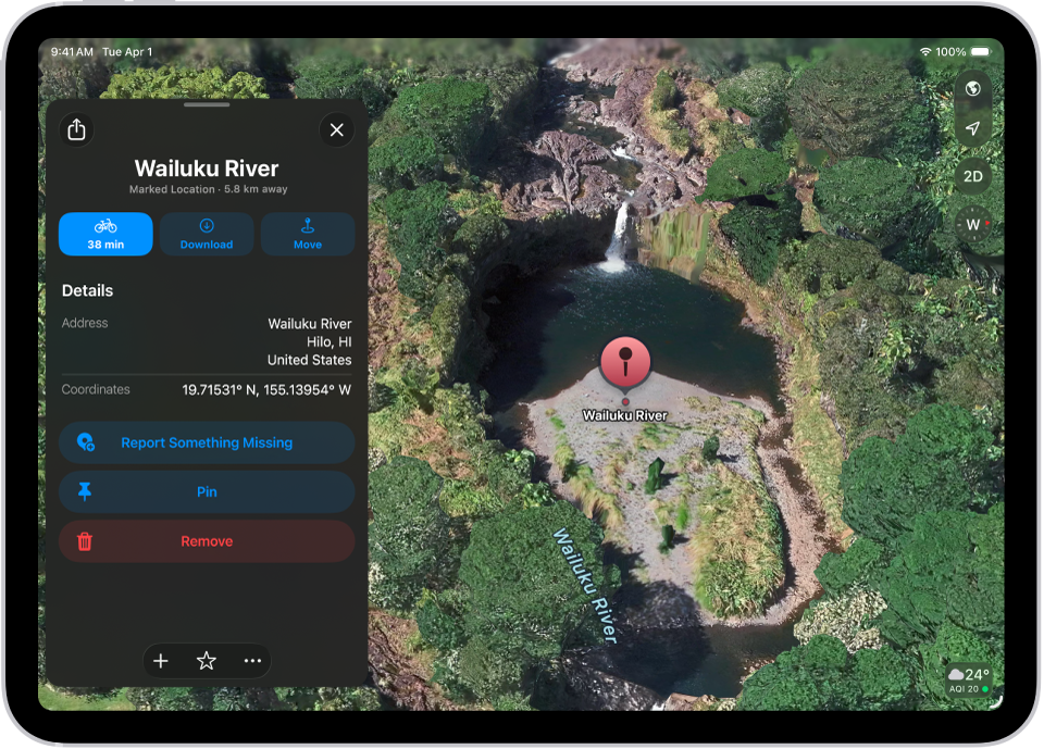 App Peta menampilkan lokasi yang ditandai di peta taman. Tombol untuk mendapatkan petunjuk arah ke lokasi, mengunduh area di sekeliling, atau memindahkannya di dekat kiri atas.
