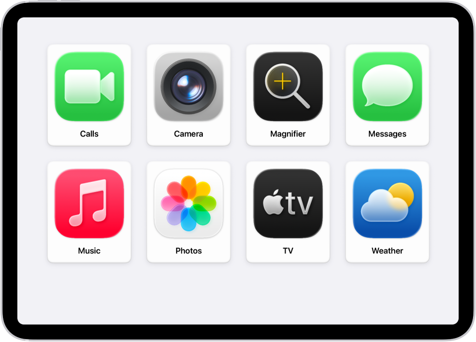 iPad yang menampilkan Layar Utama Akses Bantuan dengan grid besar app.