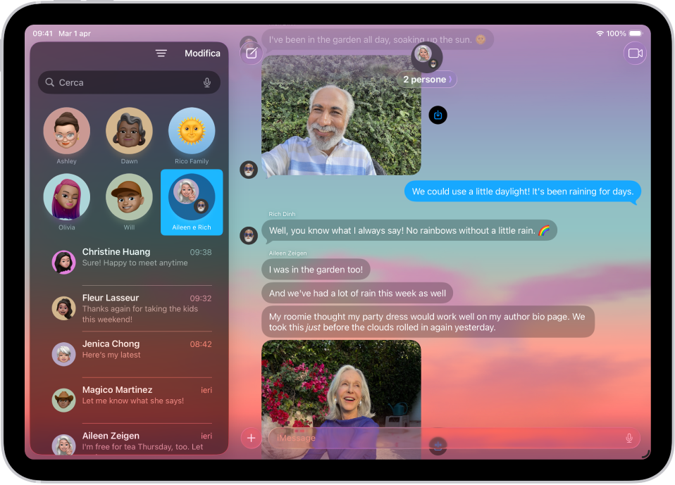 Una conversazione in Messaggi con uno sfondo dinamico.