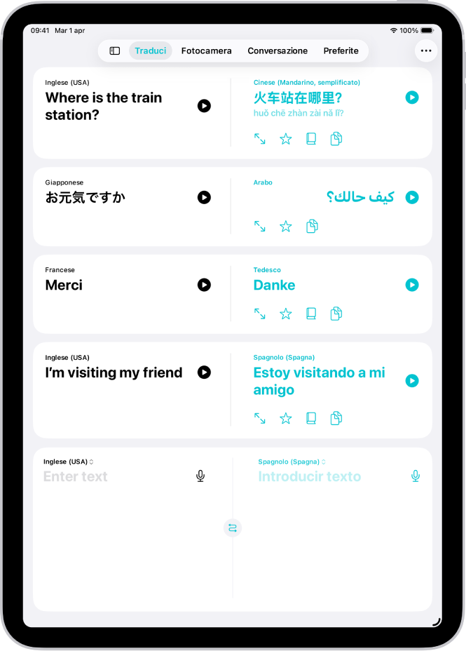La schermata di Traduci, con frasi tradotte dall’inglese al cinese, dal giapponese all’arabo, dal francese al tedesco e dall’inglese allo spagnolo. Lungo la parte superiore, da sinistra a destra, sono visualizzati i pulsanti “Mostra barra laterale”, Traduci, Fotocamera, Conversazione, Preferiti e Altro.