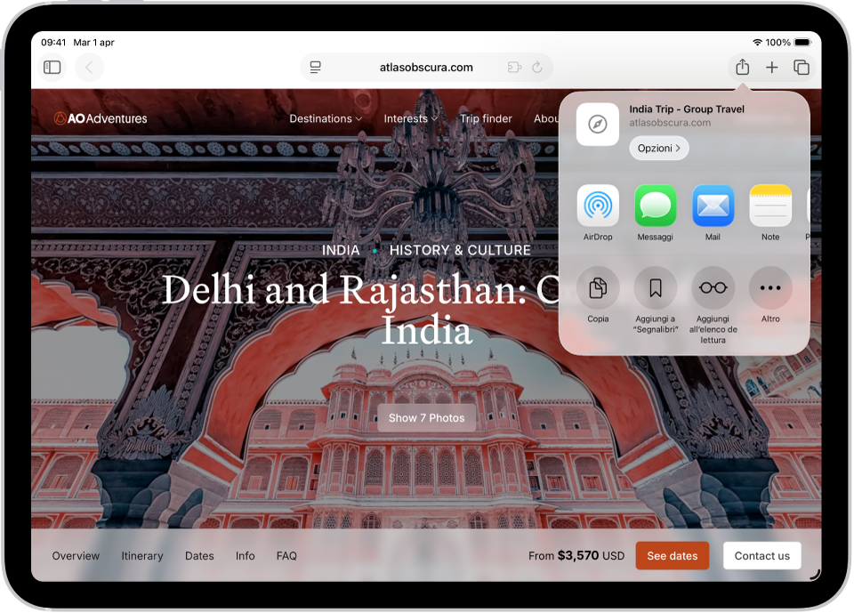 Una pagina web aperta. Il pulsante Condividi è stato toccato e mostra le opzioni AirDrop, Messaggi, Mail, Note, Copia, Aggiungi a Segnalibri”, Aggiungi a “Elenco lettura” e Altro.
