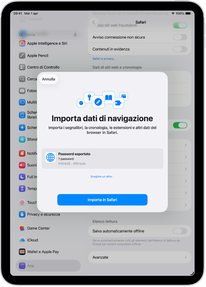 La schermata di importazione dei dati di navigazione che mostra il file CSV delle password da importare da un altro gestore di password.