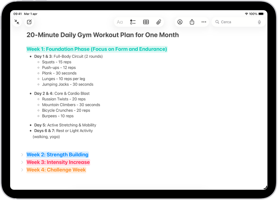 Una nota nell’app Note, con le intestazioni che possono essere compresse nella parte superiore dello schermo.