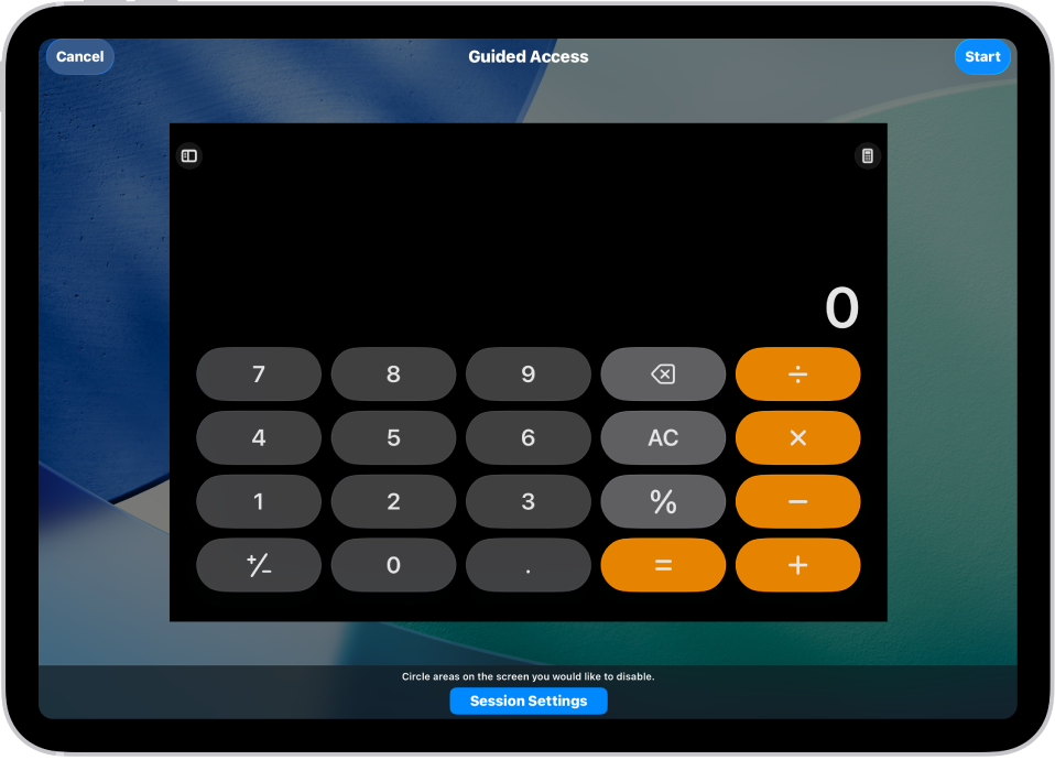 ಗೈಡೆಡ್ ಆ್ಯಕ್ಸೆಸ್ ಅನ್ನು ಸೆಟಪ್ ಮಾಡಲಾಗುತ್ತಿದೆ ಎಂಬುದನ್ನು ತೋರಿಸುವ iPad ಸ್ಕ್ರೀನ್. iPad ಅನ್ನು ಕ್ಯಾಲ್ಕ್ಯುಲೇಟರ್ ಆ್ಯಪ್ಗೆ ಮಾತ್ರ ತಾತ್ಕಾಲಿಕವಾಗಿ ಲಾಕ್ ಮಾಡಲಾಗಿದೆ ಮತ್ತು ಆ್ಯಪ್ನಲ್ಲಿರುವ ಬಟನ್ಗಳಲ್ಲಿ ಒಂದನ್ನು ನಿಷ್ಕ್ರಿಯಗೊಳಿಸಲಾಗಿದೆ.
