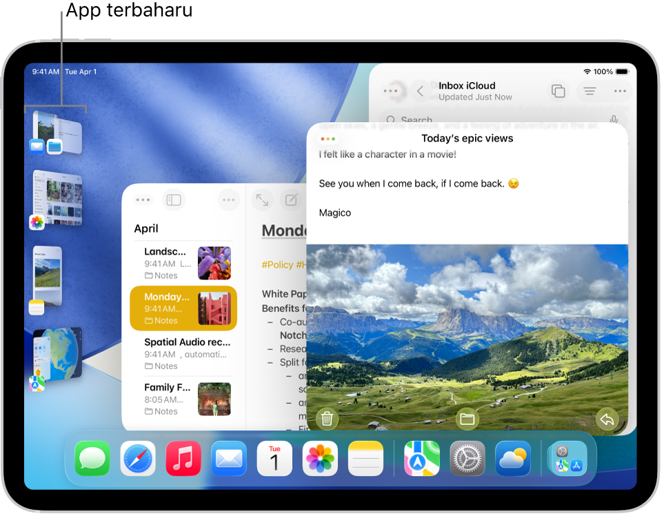 Paparan iPad dengan Stage Manager diaktifkan. Tetingkap semasa berada di depan dan app terbaharu lain berada dalam senarai di sebelah kiri skrin.
