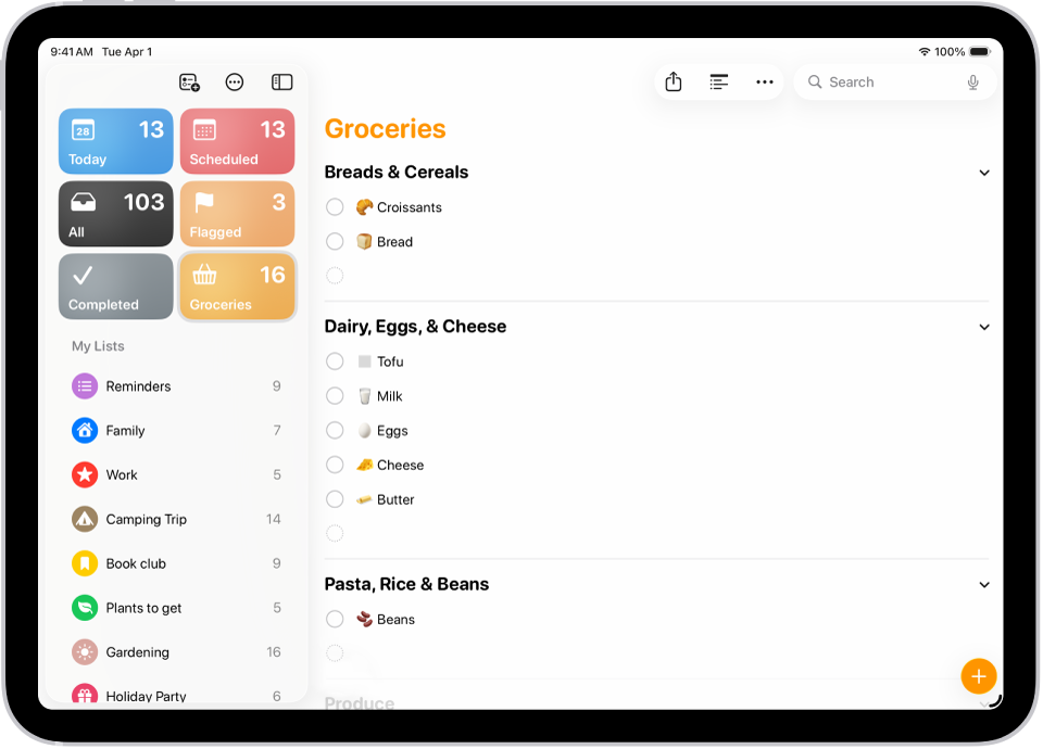 App Peringatan menunjukkan senarai barang runcit dengan item dalam kategori seperti Roti & Bijirin dan Tenusu, Telur & Keju.