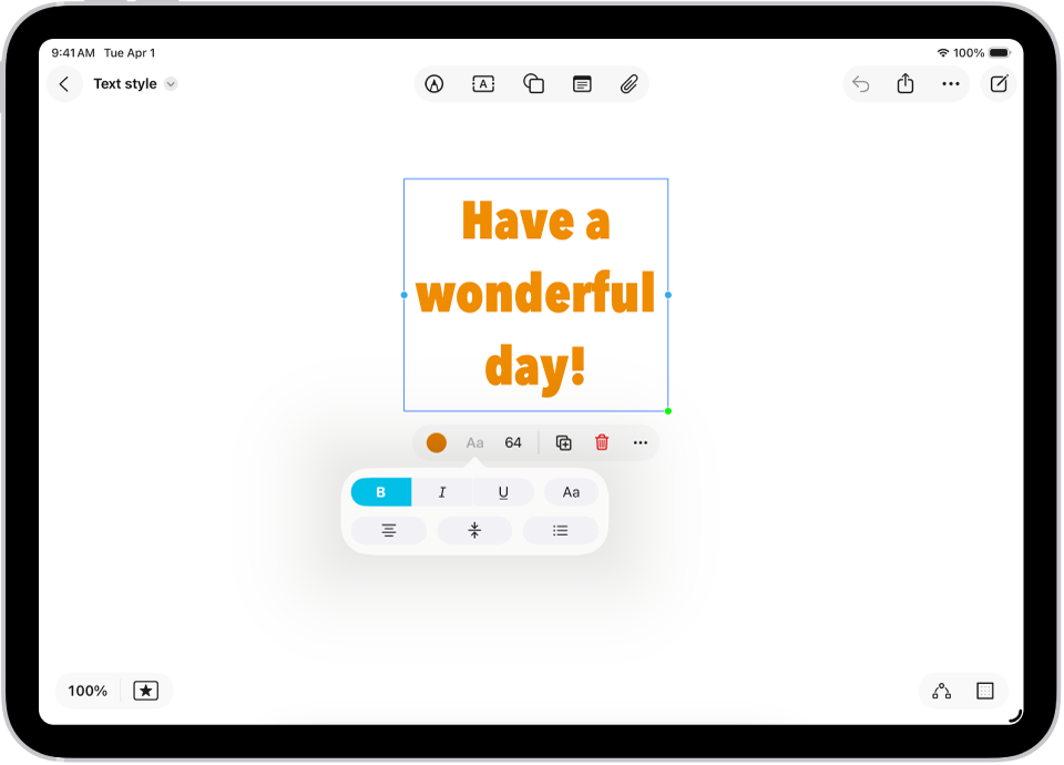 Een Freeform-bord met een geselecteerd tekstvak en daaronder de opmaakopties.