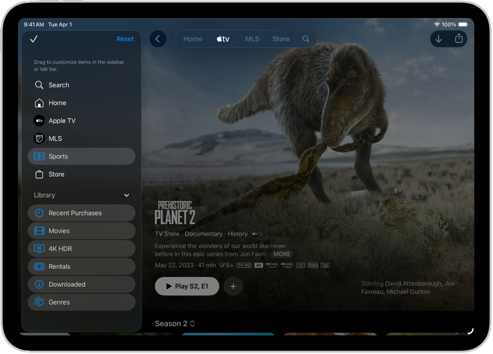 Een iPad met opties om de tabbladbalk boven in het scherm te wijzigen.