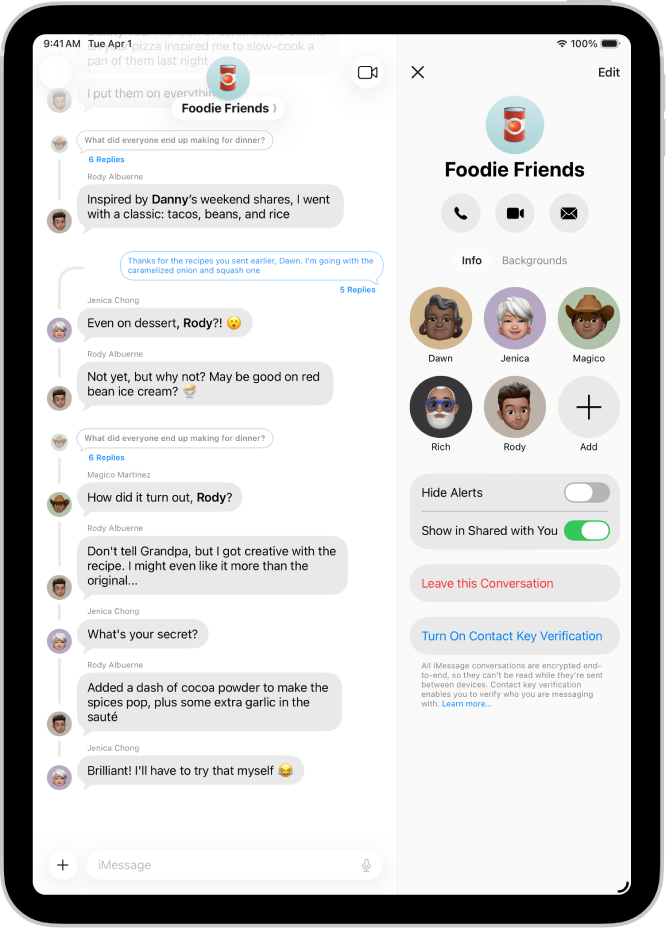 Een groepsgesprek in Berichten aan de linkerkant, met de gespreksdetails voor de groep aan de rechterkant.