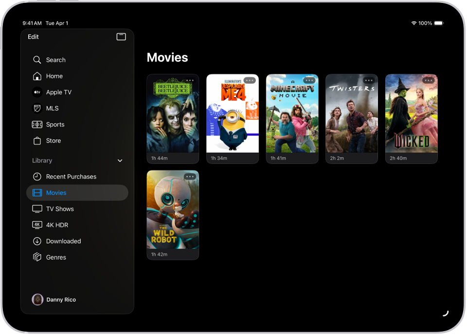En iPad viser en liste med filmer i Filmer-delen på Bibliotek-fanen.