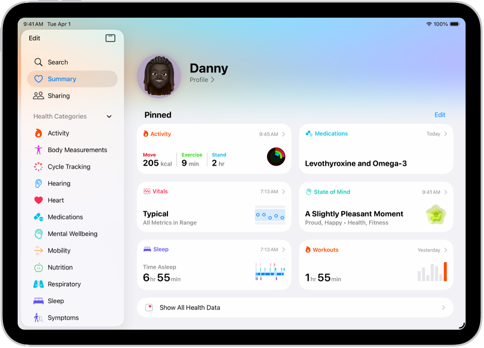 Oversikt-skjermen vises i Helse. Informasjon om aktivitet, medisiner, vitale tegn, sinnsstemning, søvn, puls og treningsøkter vises under Festet.