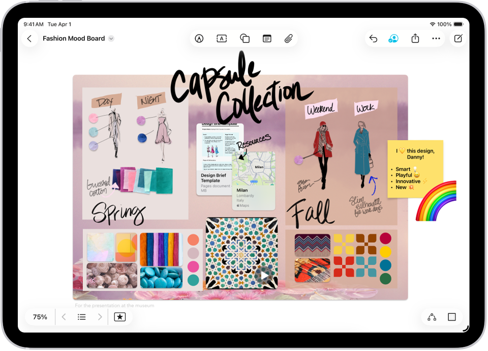 En iPad med Freeform-appen åpnet. Tavlen inneholder håndskrift, tekst, tegninger, figurer, huskelapper, lenker og andre filer.