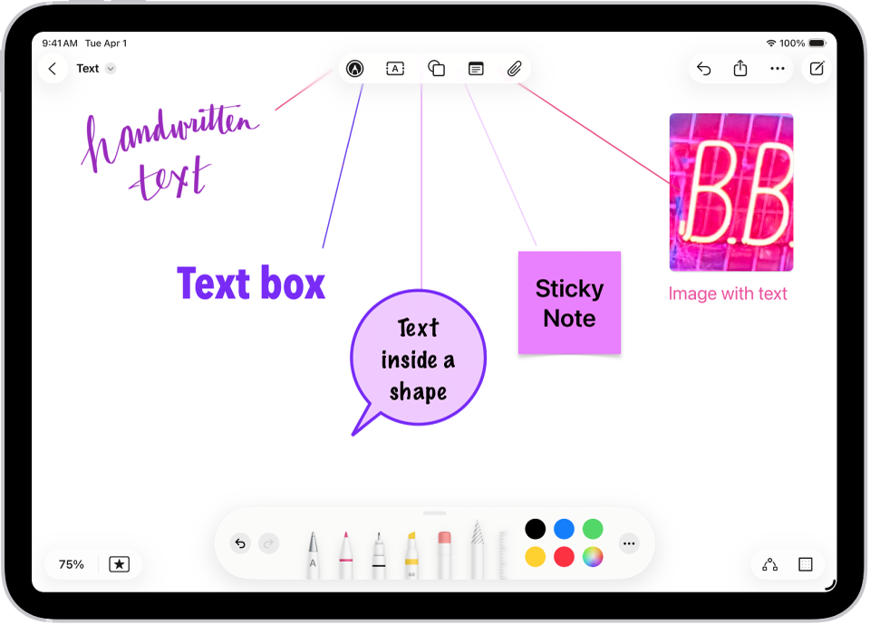 En Freeform-tavle med tekst gjengitt i en tegning, en tekstrute, en figur, en huskelapp og et bilde, og med tilsvarende knapper på toppen av skjermen.