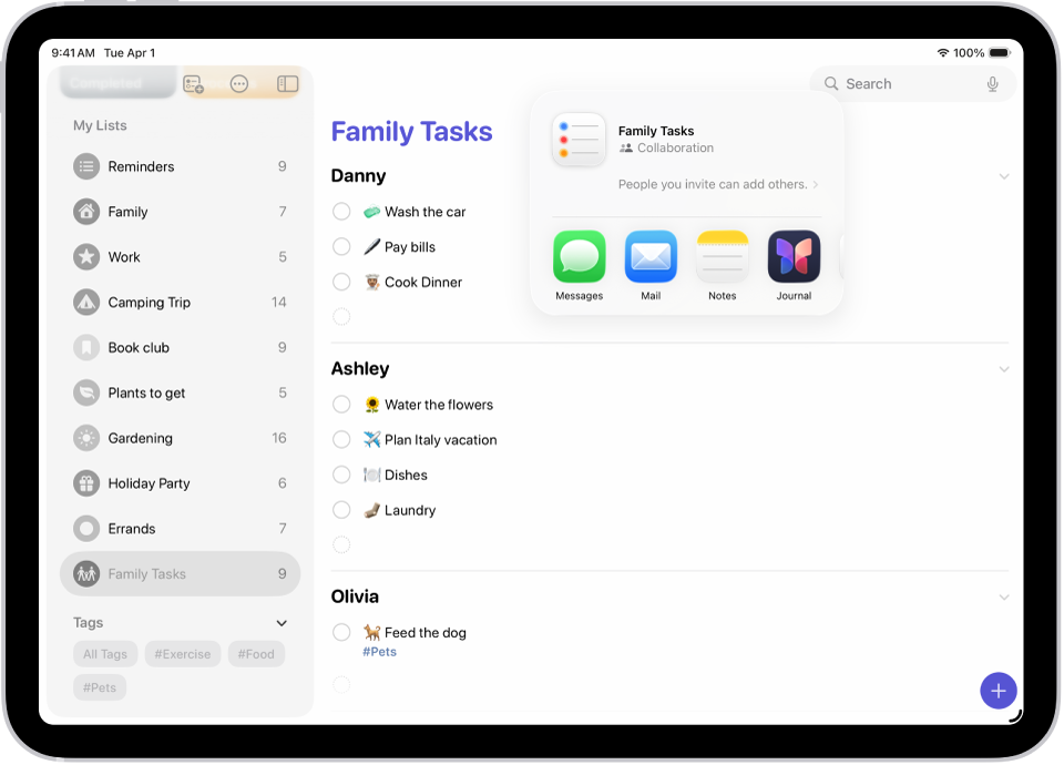 Påminnelser-appen viser en handleliste med valg for å dele til høyre.