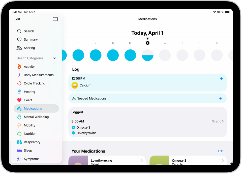 “ਸਿਹਤ” ਐਪ ਵਿੱਚ ਦਵਾਈ ਸਕਰੀਨ ਦਵਾਈਆਂ ਦੀ ਮਿਤੀ ਅਤੇ ਲੌਗ ਦਿਖਾ ਰਹੀ ਹੈ।