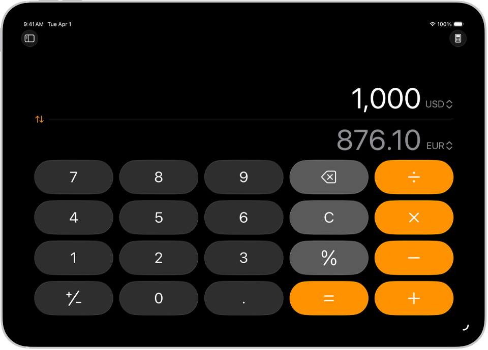 iPad ’ਤੇ ਮੁਦਰਾ ਪਰਿਵਰਤਨ ਵਾਲਾ ਬੁਨਿਆਦੀ ਕੈਲਕੁਲੇਟਰ।