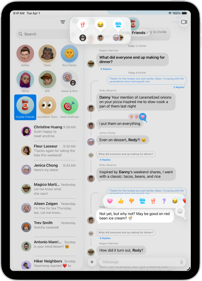 Rozmowa w Wiadomościach. U góry ekranu widoczne są Tapbacki dodane przez inne osoby. Poniżej widoczna jest wiadomość ze znajdującym się nad nią menu Tapbacków.