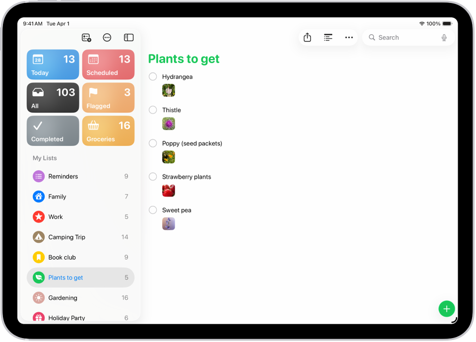 Aplikacja Przypomnienia wyświetlająca listę przypomnień, z których każde zawiera zdjęcie.