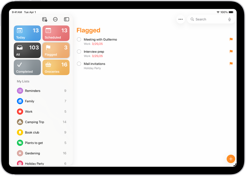 O ecrã “Lembretes” a mostrar uma lista inteligente que contém todos os elementos assinalados.
