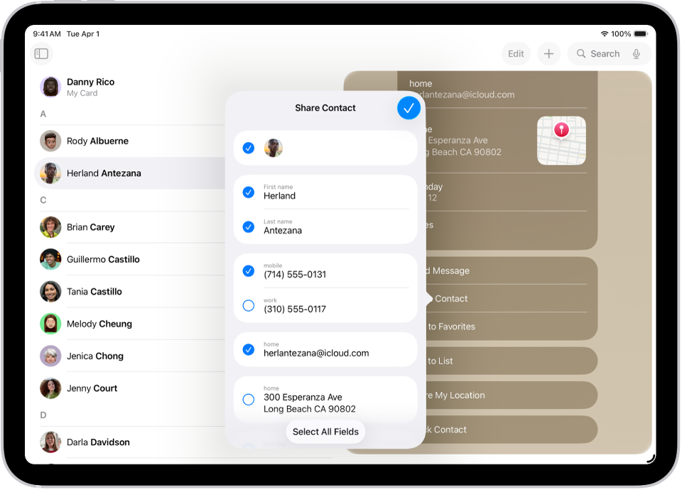 A janela “Partilhar contacto” na aplicação Contactos.