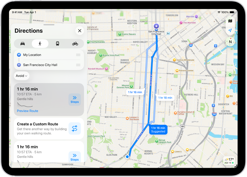 O hartă cu două rute pietonale, fiecare cu un buton Pași.