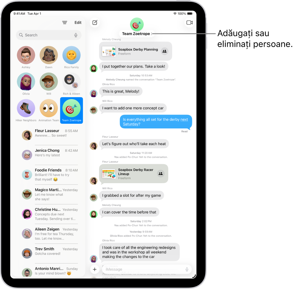O conversație de grup în Mesaje pe iPad. În stânga, este selectată o conversație fixată dintr-o listă de conversații. În dreapta, se află transcrierea unei conversații care include fișiere partajate.