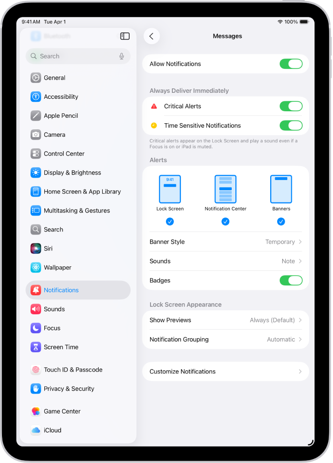 Configurările de notificare pentru aplicația Mesaje din Configurări.