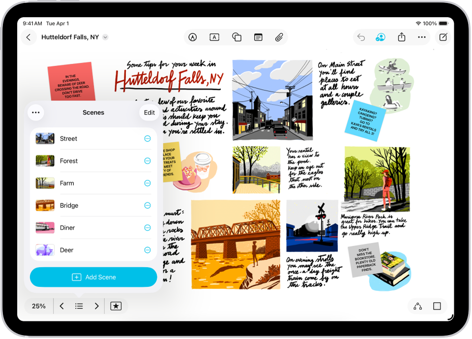 Un panou Freeform cu navigatorul de scene deschis și mai multe scene salvate.