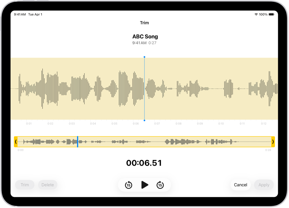 Пользователь редактирует запись на экране. Внизу экрана между желтыми манипуляторами обрезки находится часть изображения звуковой волны. Слева от элементов управления воспроизведением находятся кнопка «Обрезать» для удаления части записи за пределами маркеров и кнопка «Удалить» для удаления части записи внутри маркеров.