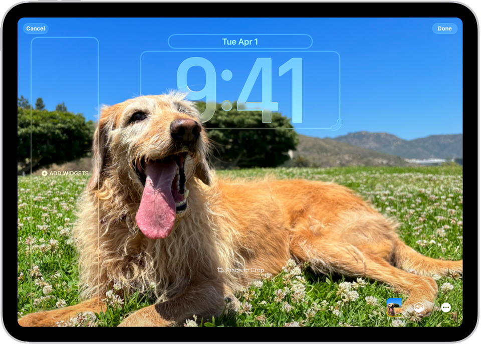Экран с вариантами настройки экрана блокировки iPad с фотографией Земли. Слева отображаются виджеты для Часов, Календаря и Погоды. Справа можно выбрать шрифт и цвет для часов.