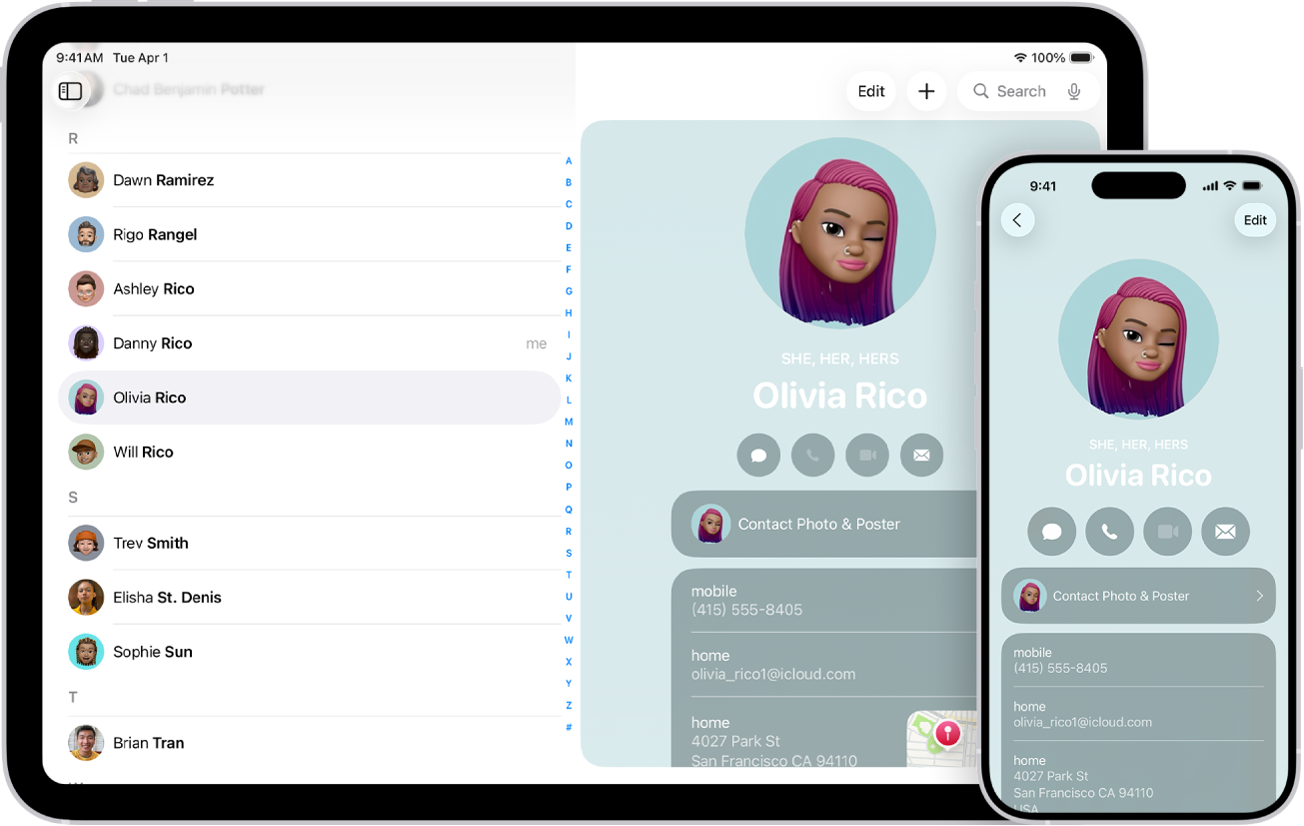 Список контактов на iPad и карточка контакта на iPhone