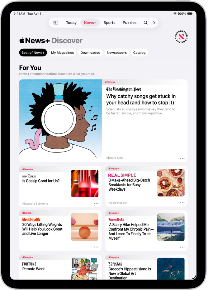 Страница Discover (Обзор) в Apple News+. В панели вкладок выбрана вкладка News+, а под ней выбрана категория Best of News+ (Лучшее в News+).