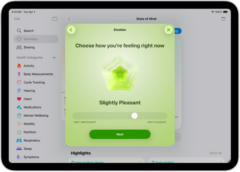 Obrazovka v apke Zdravie, na ktorej je momentálna nálada označená ako „trocha príjemná“. V dolnej časti obrazovky je posuvník na nastavenie úrovne emócie.