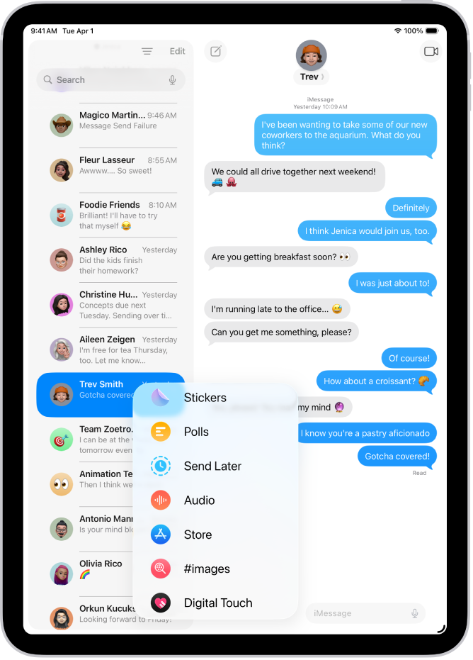 Menu Pridať v apke Správy na iPad uvádza niekoľko funkcií iMessage: plánované odoslanie, zvukové správy, App Store, GIF obrázky, Digital Touch, zdieľanie polohy a hudbu.